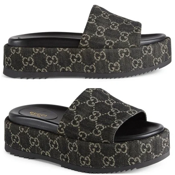 Gucci | Shoes | Gucci Angelina Gg Logo Denim Platform Slides  display picture 1